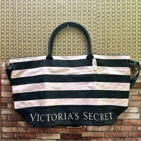 Leather tote VICTORIA Victoria\'s Secret Black and White Striped Tote Bag with Bold Design